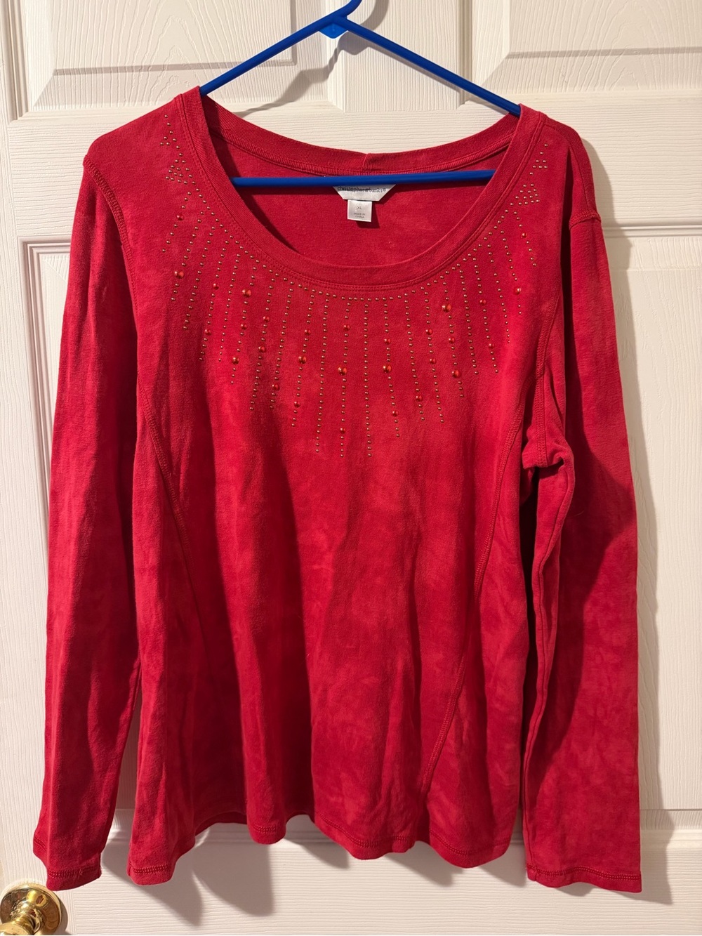 Christopher & Banks Red Long-Sleeve Scoop Neck Top with Stud Accents